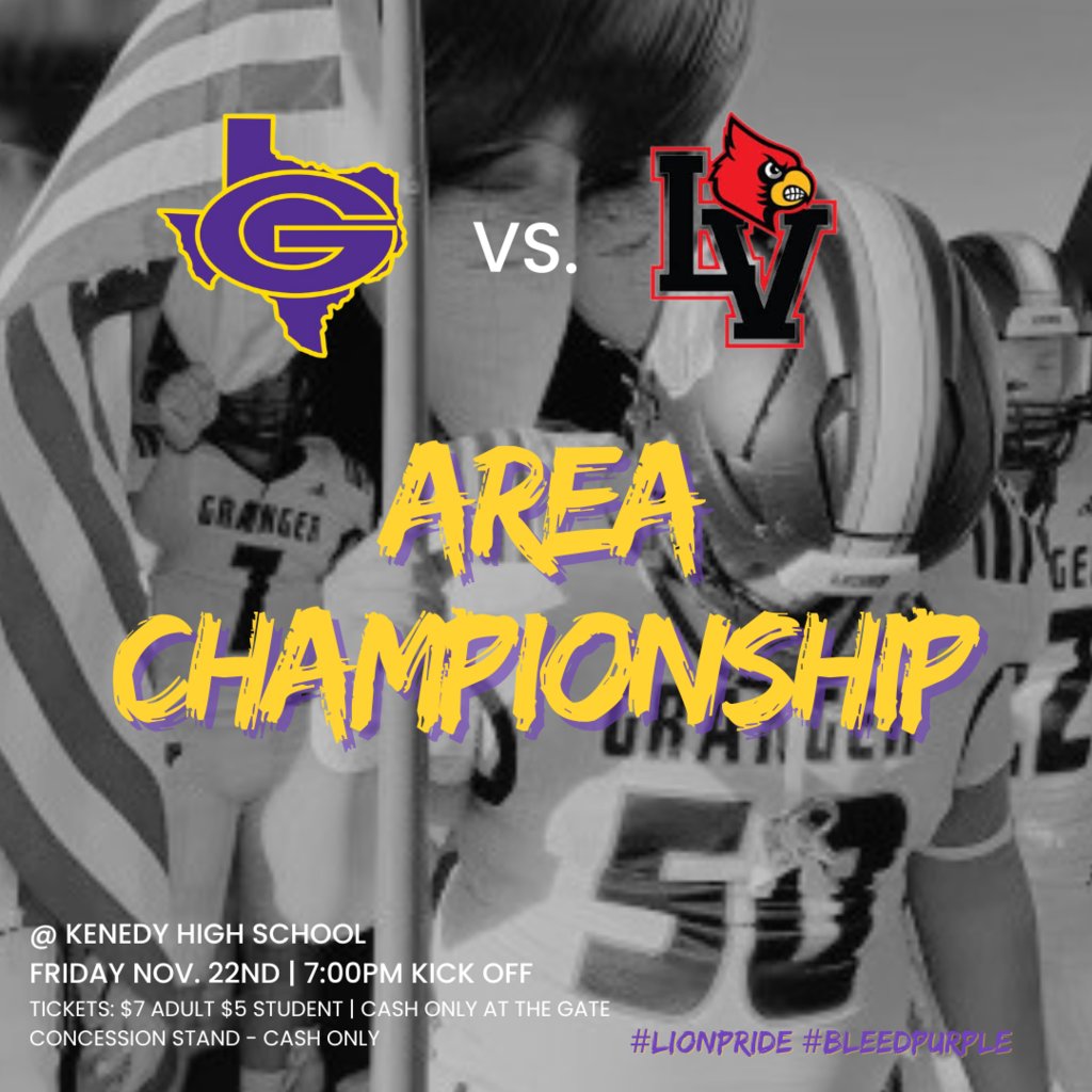 🚨 Football Playoff Information 🚨

🆚 La Villa Cardinals

 🏆 Area Championship

 🗓️ Friday, November 22nd

⏰ 7:00PM 

📍Kenedy High School 

🎟️ $7 Adults, $5 Students. Cash Only at the Gate. 
THSCA, THSGCA, District &amp; Senior Passes are accepted. 

#LionPride #BleedPurple