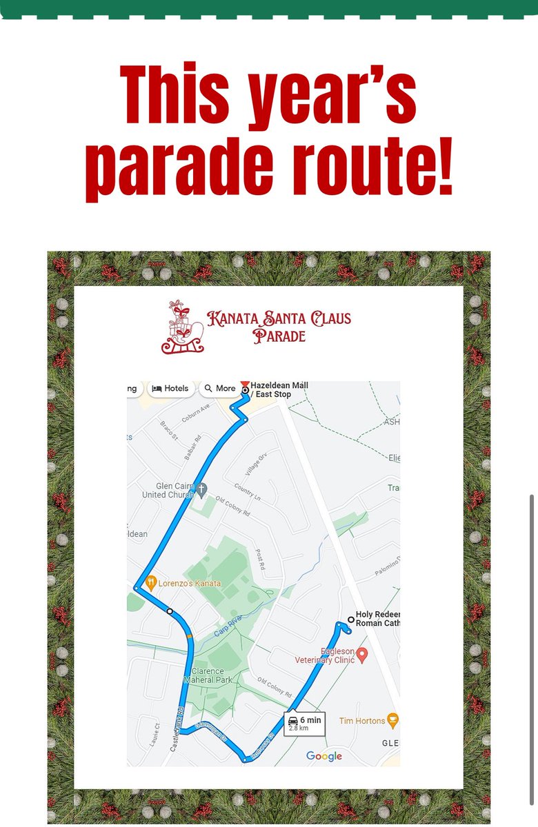 kanatalakesca's tweet image. Coming this weekend! 🎅🏼 

Saturday November 23, 2024
The Kanata Santa Claus Parade
Starts at 10:00am 

Route: Starting at Holy Redeemer Church ending at Hazeldean Mall. 

Map below 👇