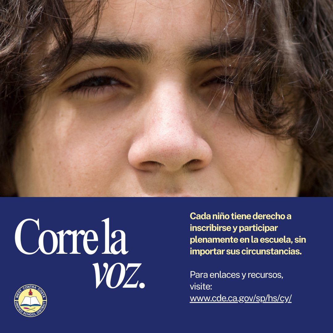Noviembre es el Mes Nacional de Concientización sobre la Juventud sin Hogar. WCCUSD se enorgullece de lanzar nuestra campaña para crear conciencia y apoyo a nuestros estudiantes que enfrentan la falta de hogar. Juntos, podemos hacer la diferencia. #UnaComunidad 💙