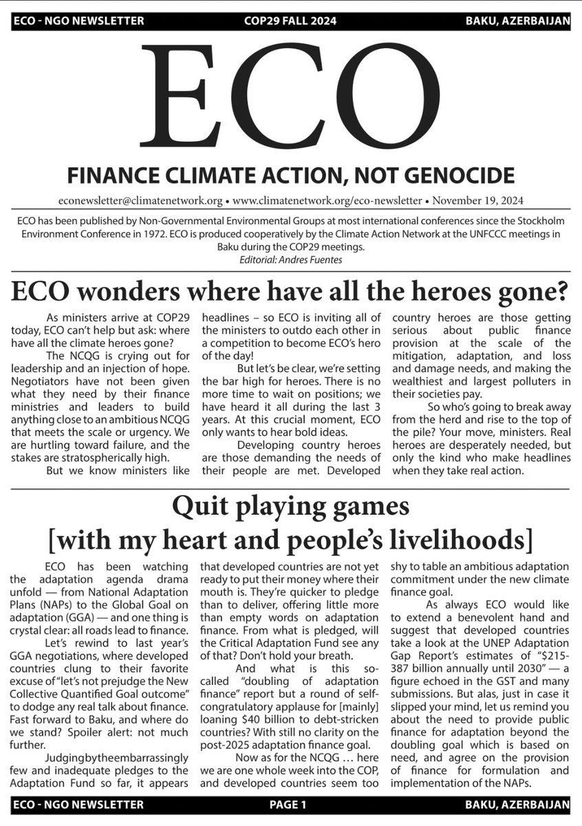 The days are counting down at #COP29Baku...
The NCQG is crying out for leadership. Countries are failing to build an ambitious NCQG that meets the scale or urgency. We are hurtling toward failure, and the stakes are high.
#PayUp #ClimateFinance
Today's ECO climatenetwork.org/resource/eco-8…