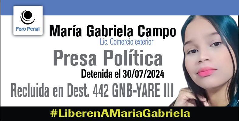María Gabriela Campo Baldayo, Presa Política, 27 años,  es Licenciada en Comercio Exterior y ha demostrado ser una apasionada de los  juegos deportivos, especialmente el béisbol.

El  30 de julio de 2024, mientras se dirigía a su casa en su moto, fue detenida por agentes del