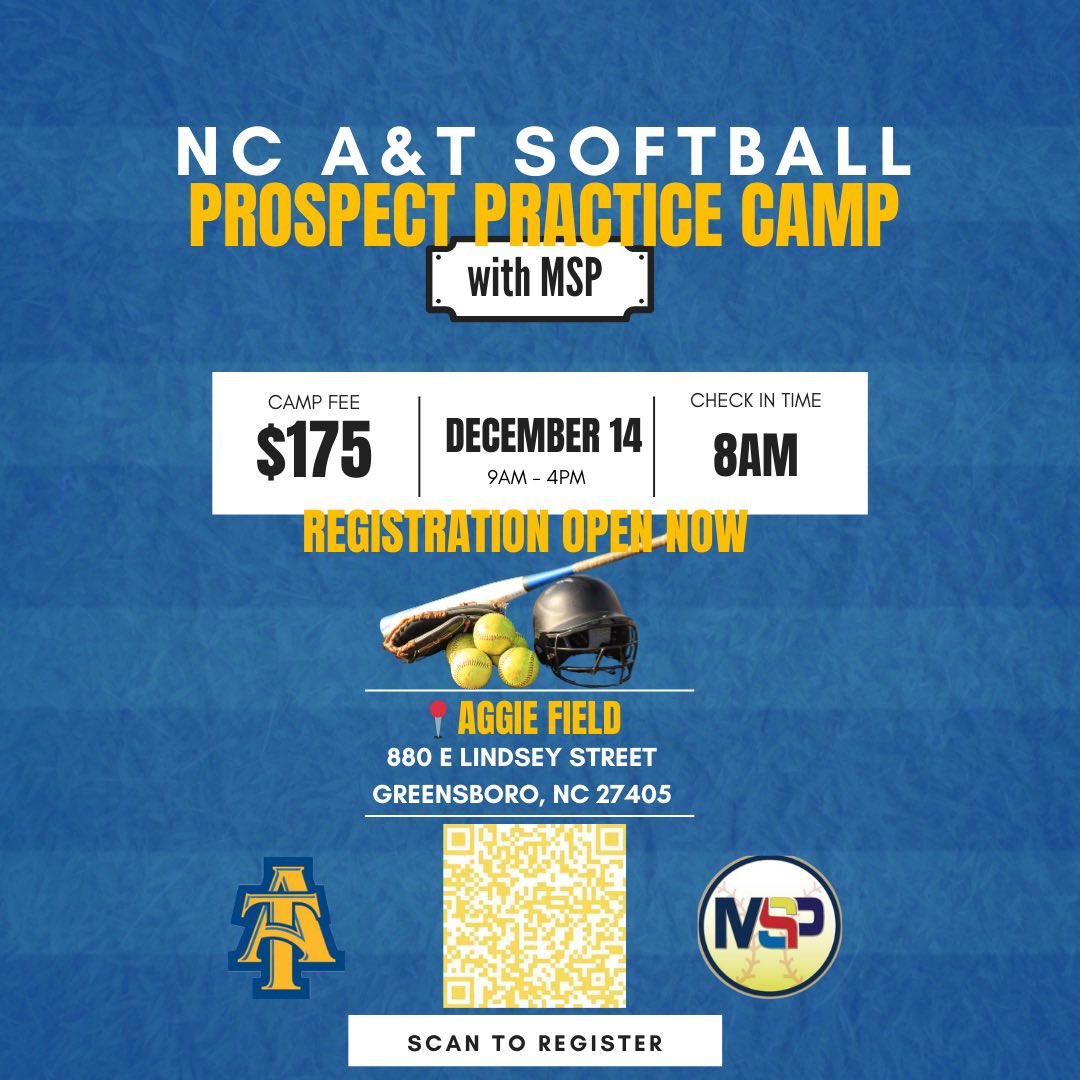 The Official NC A&T Aggie Softball (@ncatsoftball) on Twitter photo You’re INVITED to our Prospect Practice Camp x <a href="/MSPtakeover/">Minority Softball Prospects</a> 🥎🥎
Date : 12/14/24
Ages: 8th-12th Grade
Registration Link in Bio| QR Code
#AggiePride💛💙🥎💛💙 You’re INVITED to our Prospect Practice Camp x <a href="/MSPtakeover/">Minority Softball Prospects</a> 🥎🥎
Date : 12/14/24
Ages: 8th-12th Grade
Registration Link in Bio| QR Code
#AggiePride💛💙🥎💛💙