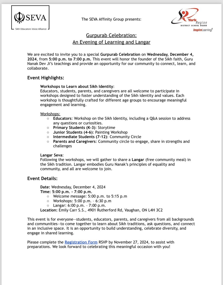 SEVA is looking forward to seeing all Educators/staff and families join us for an evening of learning and langar! 
<a href="/YRDSB/">York Region DSB</a> <a href="/yrdsbinclusion/">ISCS YRDSB 🏳️‍🌈</a> #gurupurab #yrdsb 

Registration link! 

bit.ly/3Ohpt6w