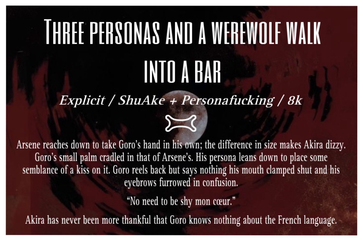 stranded_cosmos's tweet photo. Three Personas and a werewolf walk into a bar 
- explicit MobGoro/ShuAke (Arsene, Robin, Loki, Joker)
- written for @afterdeehours  as part of the @P5NSFWExchange 
- 🔗 https://t.co/tD5LlH79VR https://t.co/4KDU5K4YXU