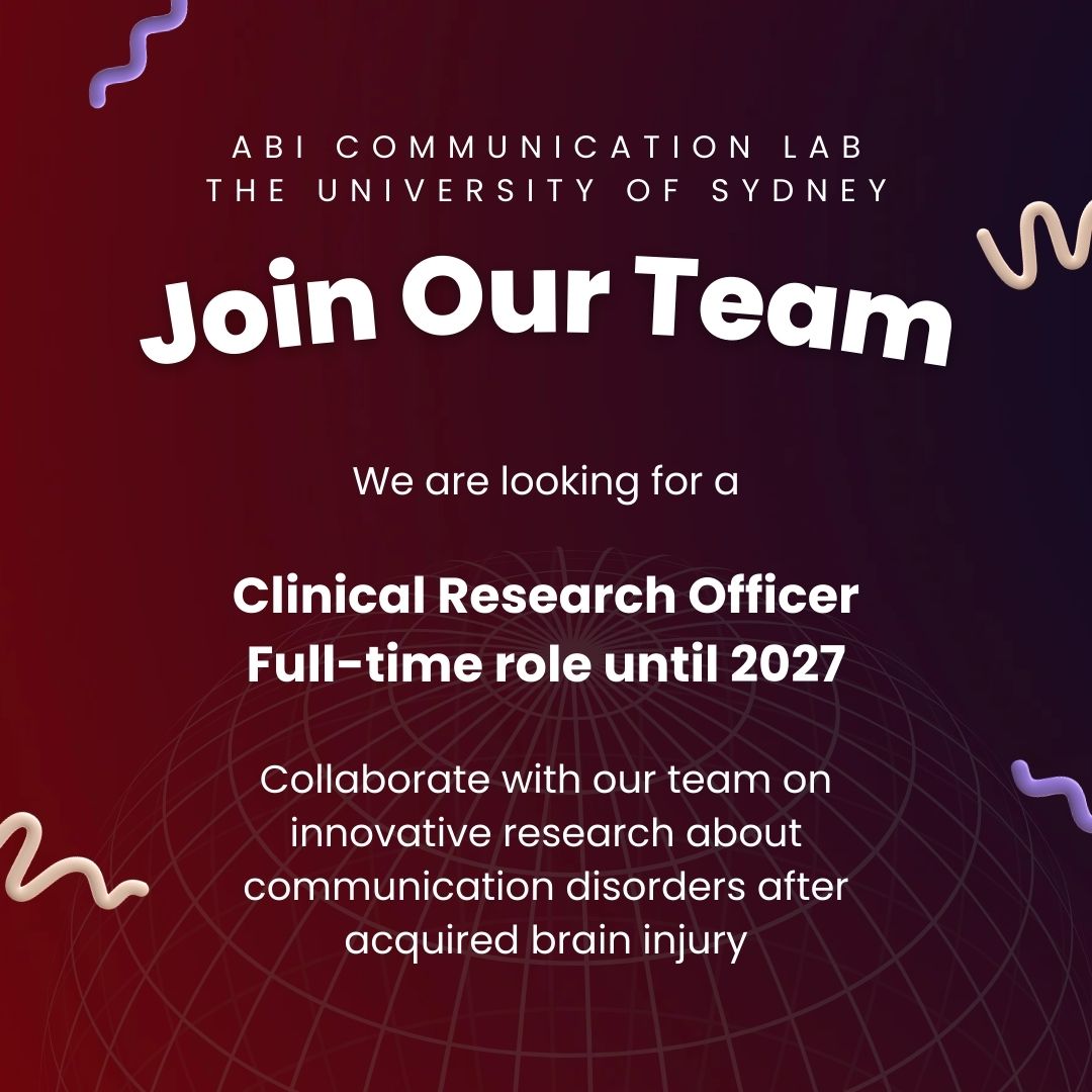 Rachael Rietdijk (@rachaelreedake) on Twitter photo Exciting news – we are looking for a Clinical Research Officer to join our <a href="/ABICommLab/">ABI Communication Lab</a> at the University of Sydney. Work with us on innovative projects about improving communication after acquired brain injury. For more information and to apply visit: seek.com.au/job/80046272 Exciting news – we are looking for a Clinical Research Officer to join our <a href="/ABICommLab/">ABI Communication Lab</a> at the University of Sydney. Work with us on innovative projects about improving communication after acquired brain injury. For more information and to apply visit: seek.com.au/job/80046272