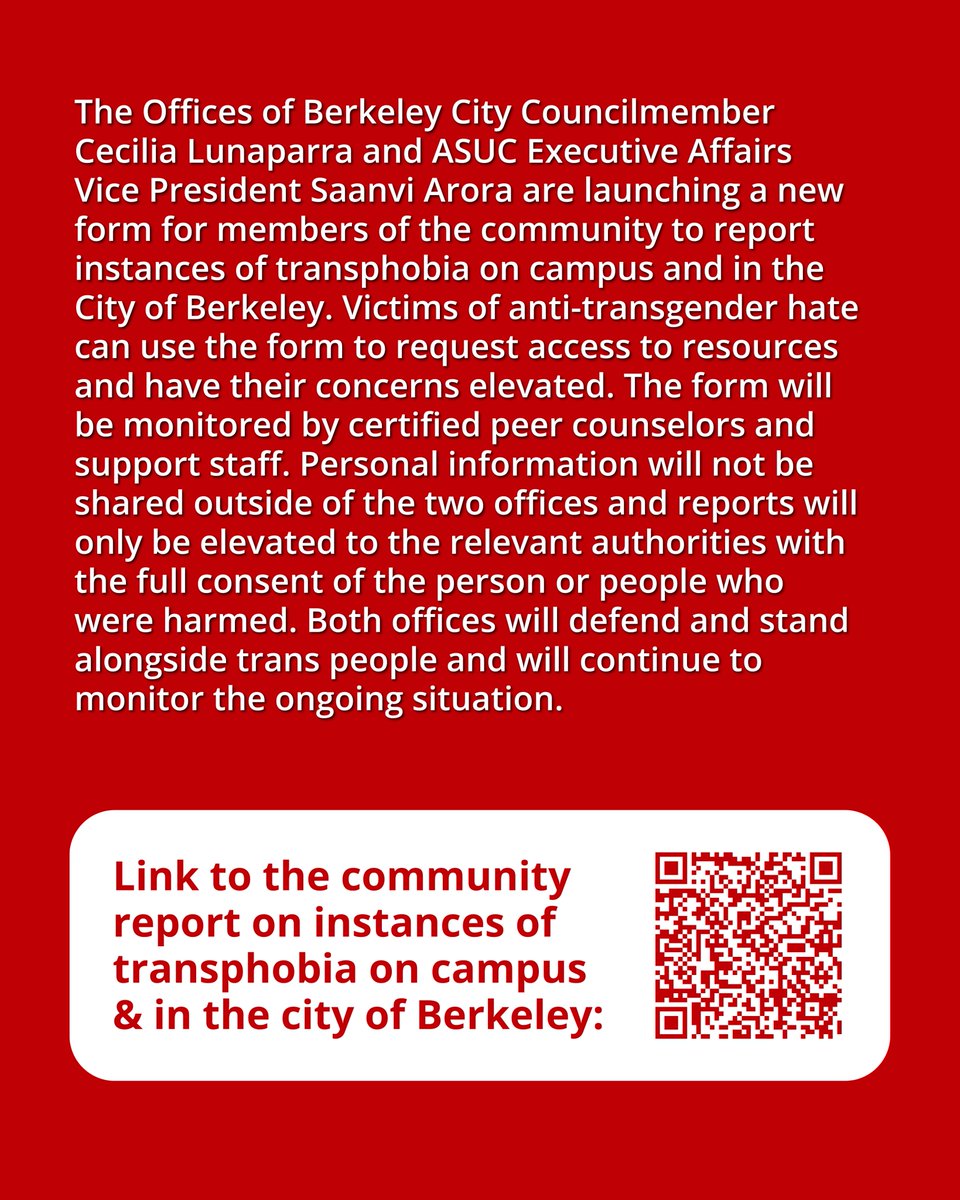 CMLunaparraD7's tweet photo. Swipe to read ASUC EAVP Saanvi Arora &amp; City Councilmember Cecilia Lunaparra's joint statement on the rampant transphobia on UC Berkeley's campus. To report instances of transphobia in our community, visit https://t.co/MTWGnPJ7zT (also linked in our bio). https://t.co/sCtusmYxhk