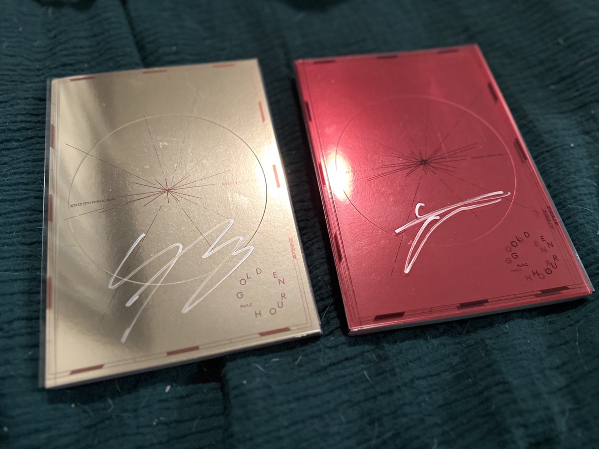 devofabachelor's tweet photo. oh my god?? not the universe spoiling me like crazy 🙂‍↔️ @ATEEZofficial 

my first signed albums ((ever)) ✨ #GoldenHourPart2 #atiny #ateez https://t.co/dT8iAn7zEs