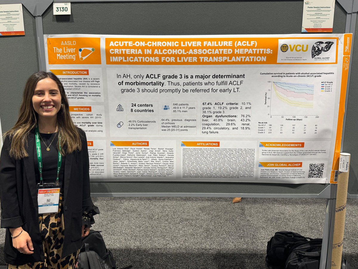 📢 Live from #TLM2024

Important study by P. Huerta &amp; <a href="/LuisAntonioDiaz/">Luis Antonio Díaz, MD</a> 

➡️ACLF III is a determinant of death in patients with alcohol-related hepatitis.

➡️Early referral of these pts for LT is crucial 

<a href="/AASLDtweets/">AASLD</a> <a href="/alehlatam/">ALEH</a>