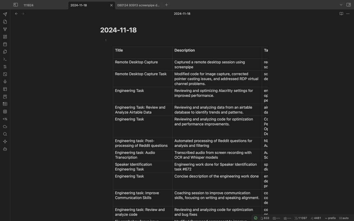 any <a href="/obsdmd/">Obsidian</a> users here? someone just did a <a href="/screen_pipe/">screenpipe</a> pipe that log your days in a table using llama3.2

one click install 👇
