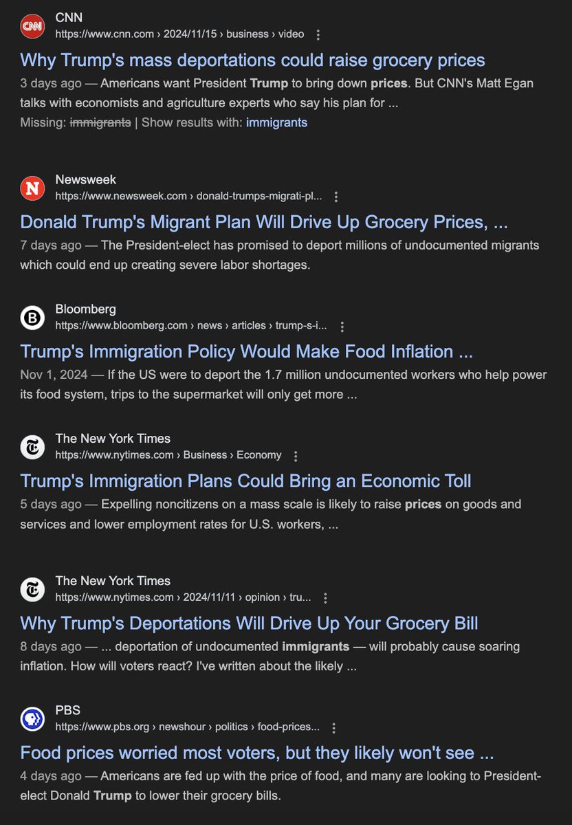 Kind of wild that, of all these stories written about how Trump's deportations will likely cause even higher prices in grocery stores, only one was published before election day.