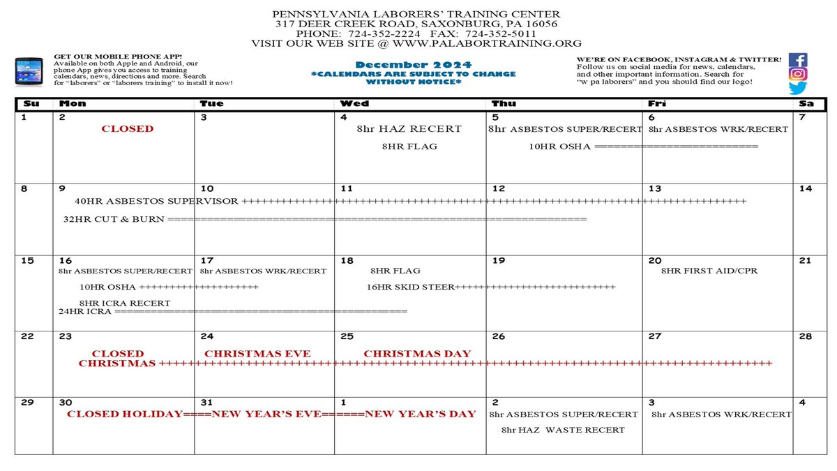 Hard to believe, but the last calendar of 2024, December, is here! Give yourself the gift that keeps giving, free training! Take a class and be ready to work. Call us now to get on the schedule! 724-352-2224

palabortraining.org