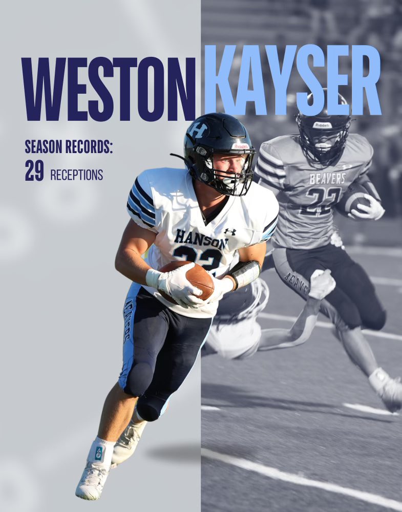 Hanson_Football's tweet photo. An explosive athlete for all 4 years of his career, congrats Weston Kayser on breaking the single season receiving record! https://t.co/KuVtE8KiZt