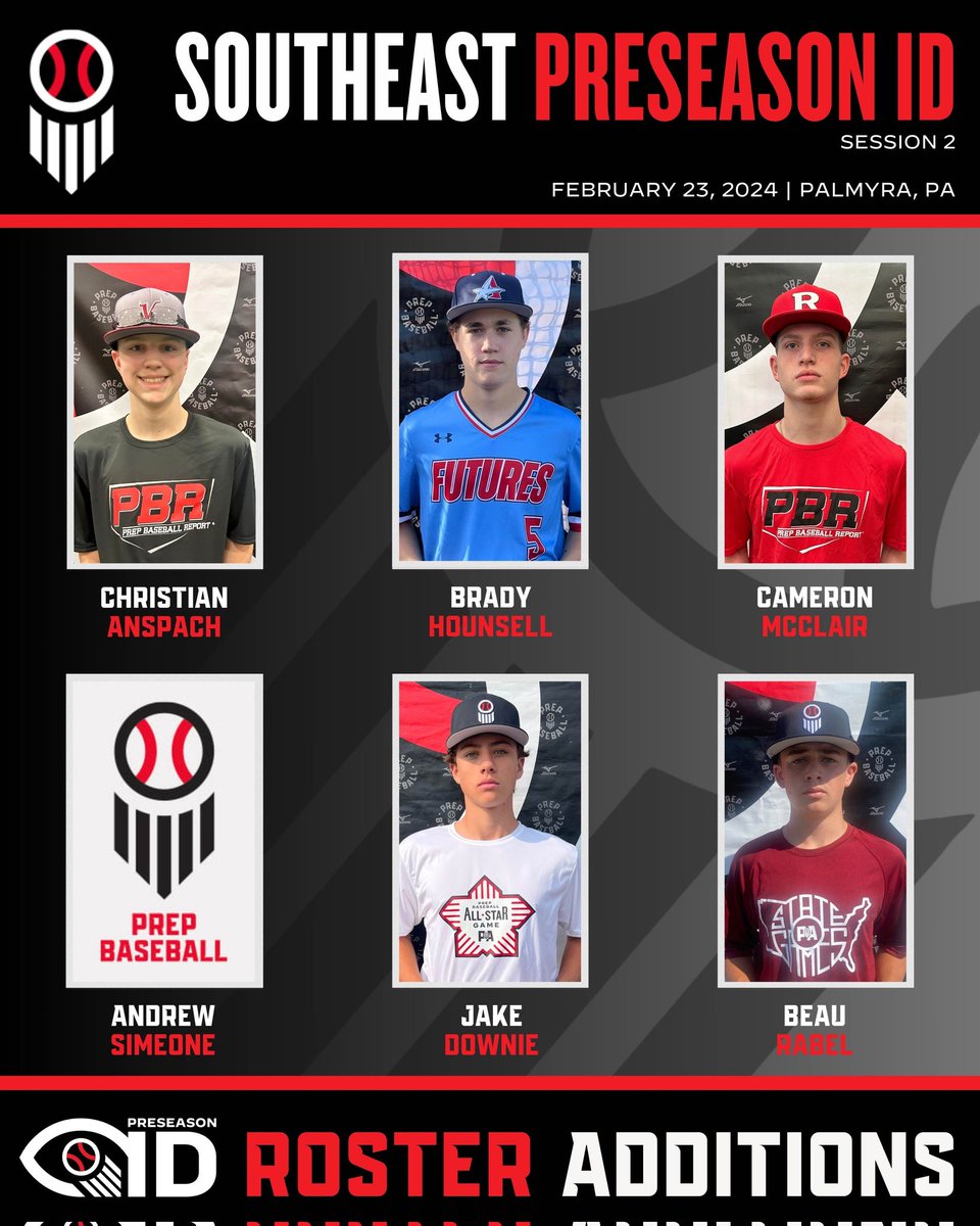 Please welcome the following players to our Southeast (session 2) Preseason ID event.

📅Feb 23, 2025
📍Palmyra, PA (In the Net)
🙋‍♂️ 2026-2028 grads
Register ➡️ loom.ly/_XYA9-g

Who's next ‼️? Spots are filling FAST 🏃‍♂️🏃‍♀️

<a href="/CJAnspach11/">Christian Anspach</a> | <a href="/Bam2_717/">Cameron McClair</a> | <a href="/jake_downie3/">JakeDownie3</a>