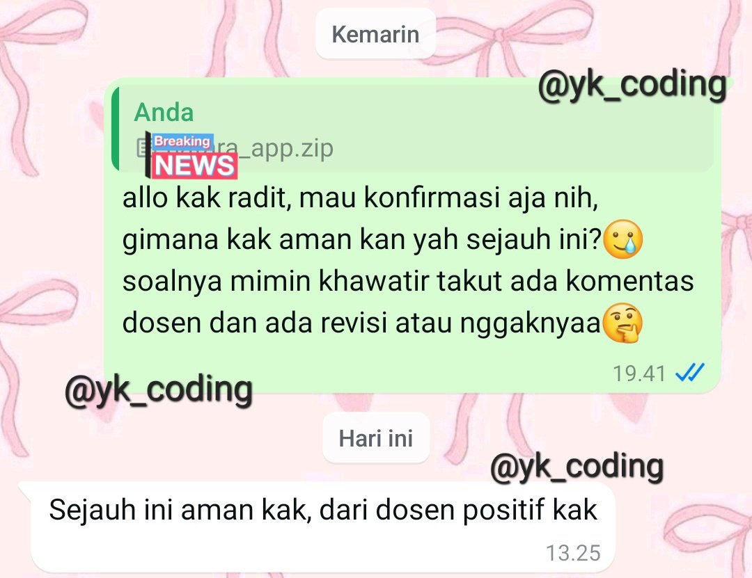 yk_coding's tweet image. alhamdulillah respon temen² bikin mimin syenang🫶🏻 #jasajoki #jokicoding #IT #informatika #coding #teknikinformatika #joki #jokitugas #jokicodingmurah #jokiteknik #zonauang #laravel #coreNET #python #cnn #javascript