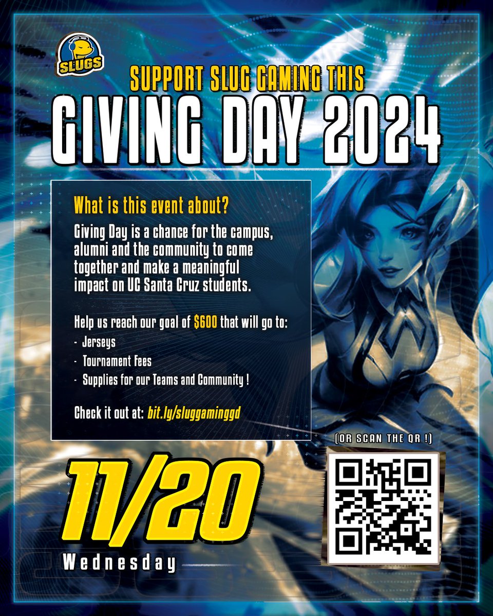 SlugGamingUCSC's tweet photo. Giving day is coming up, please consider participating in this 24hr event to keep your favorite clubs going!
With that being said, SUPPORT US ON NOVEMBER 20TH🫶 #give2ucsc https://t.co/3I7Lo9QxOj