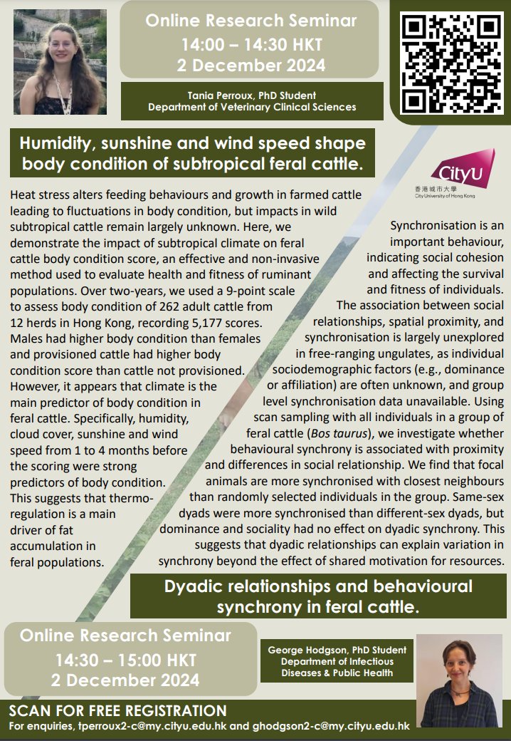 Perroux Tania (@perrouxt) on Twitter photo <a href="/gmw_hodgson/">George Hodgson 🇺🇦🇬🇧</a> and I will be presenting our latest feral cattle projects on December 2nd at 2pm (Hong Kong Time). More information in the poster below 👇👇👇
Use the QR code below to register and learn more about behavioural synchrony and effects of subtropical heat on health in🐂 <a href="/gmw_hodgson/">George Hodgson 🇺🇦🇬🇧</a> and I will be presenting our latest feral cattle projects on December 2nd at 2pm (Hong Kong Time). More information in the poster below 👇👇👇
Use the QR code below to register and learn more about behavioural synchrony and effects of subtropical heat on health in🐂