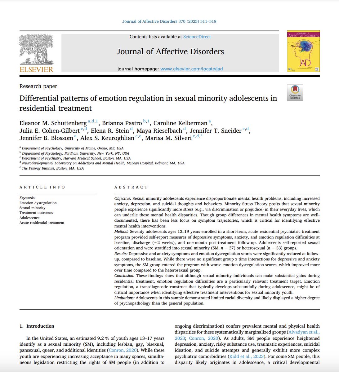 Bri_Pastro's tweet image. This just in at Journal of Affective Disorders!
Sexual minority youth presented to residential treatment with worse emotion regulation but improved at a faster rate 🏳️🌈
sciencedirect.com/science/articl…