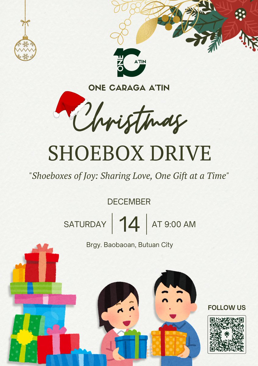 OneCaraga18's tweet photo. 🎄✨ This holiday season, let’s make it brighter for the little ones! Our Christmas Shoebox Drive is about sharing joy and love through meaningful gifts—hygiene kits, school supplies, clothes, toys, or sweet treats. 

@SB19Official #SB19 #1CAChristmasShoeboxDrive #1CAGivesBack https://t.co/DuJ1Ia544G