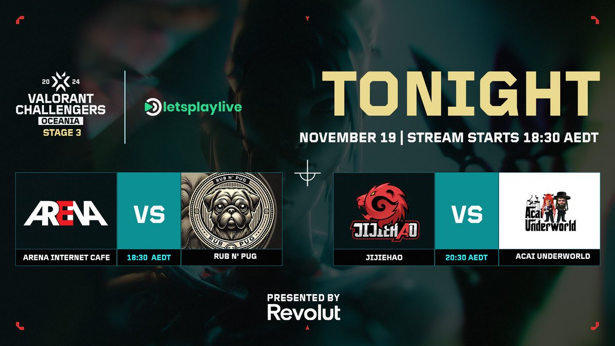 LPL Esports (@letsplaylivegg) on Twitter photo Tune in tonight for DAY 2 of the VCT OCE 2024 Stage 3 Playoffs, presented by Revolut!
<a href="/MComESC/">MCOM Media</a> 🆚 Rub n Pug
<a href="/BONKERSOCE/">E-KING</a> 🆚 <a href="/acaiunderworld/">Acai underworld</a>
⏰ 18:30 AEDT
📺 lplgg.co/VCT-STAGE-3
🎙️ <a href="/MacMate_/">MacMate 🇪🇺</a> <a href="/imAVRL/">Kev Walker</a>
#VCT | #Revolut Tune in tonight for DAY 2 of the VCT OCE 2024 Stage 3 Playoffs, presented by Revolut!
<a href="/MComESC/">MCOM Media</a> 🆚 Rub n Pug
<a href="/BONKERSOCE/">E-KING</a> 🆚 <a href="/acaiunderworld/">Acai underworld</a>
⏰ 18:30 AEDT
📺 lplgg.co/VCT-STAGE-3
🎙️ <a href="/MacMate_/">MacMate 🇪🇺</a> <a href="/imAVRL/">Kev Walker</a>
#VCT | #Revolut