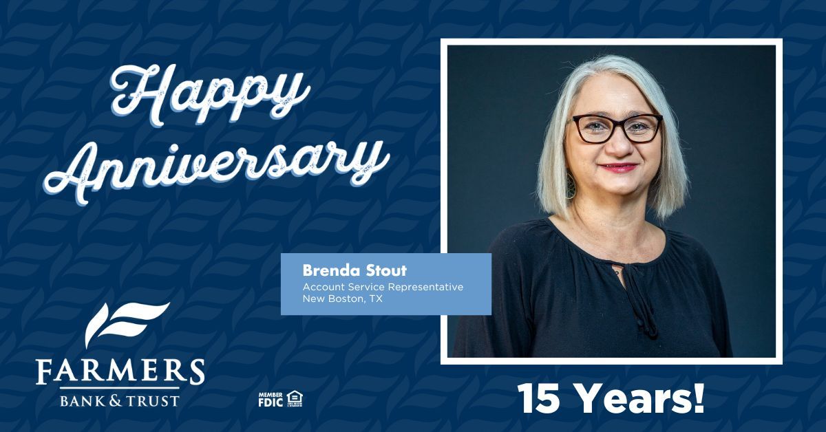 Celebrating 15 years! 🎉 Congratulations to Brenda Stout, our Account Service Representative in New Boston, Texas, on reaching this milestone with the Bank. Brenda, your commitment and hard work have positively impacted our team and customers. Thank you! #FarmersFamily