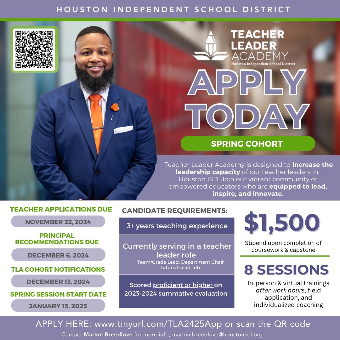 IT’S TIIIIIIMMMMMMEEEE! Teacher Leader Academy is now taking applications for our Spring 2025 cohort! Join us today? #HISDTLA

APPLY NOW! Applications close soon!