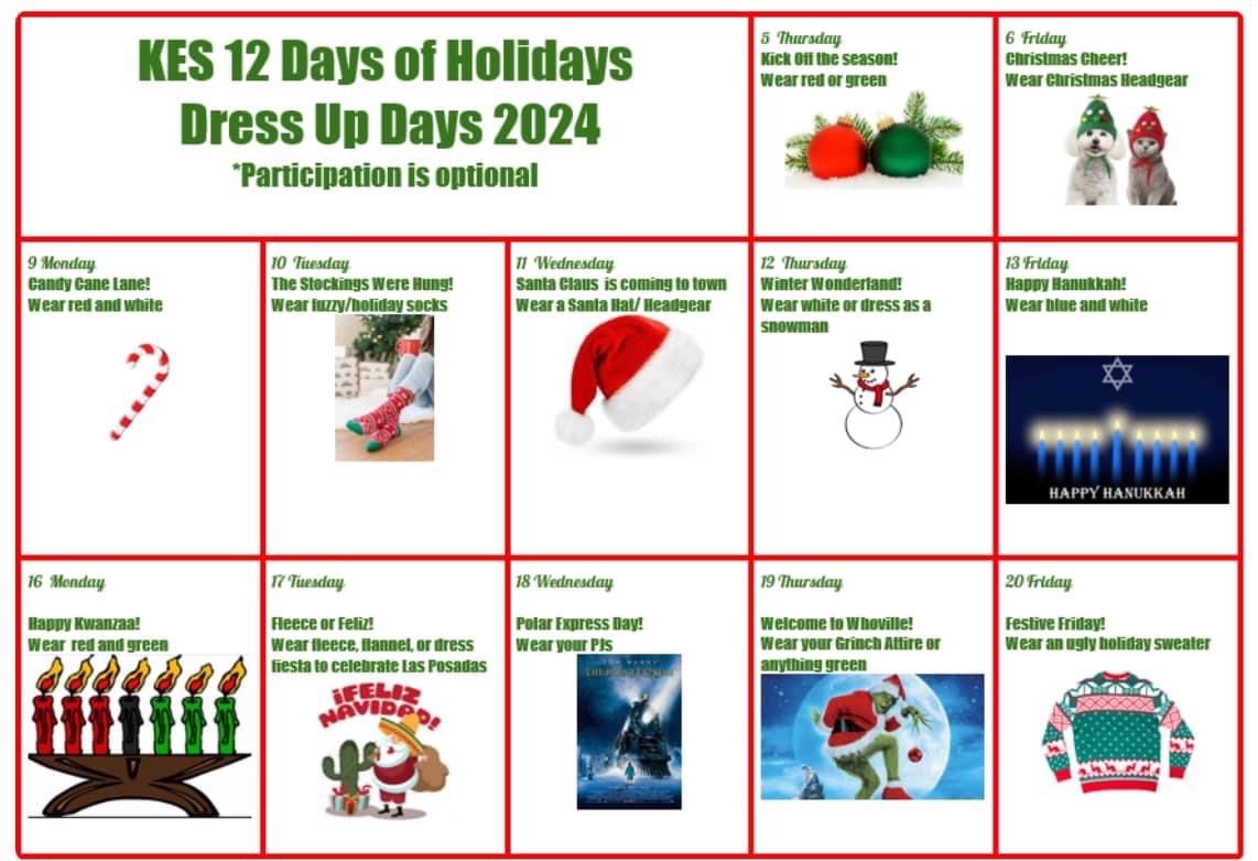 KendallElem's tweet image. Mark your calendars for 12 days of Holiday fun! 🎉#Engaged #Enriched #Inspired #EveryChildEveryDay