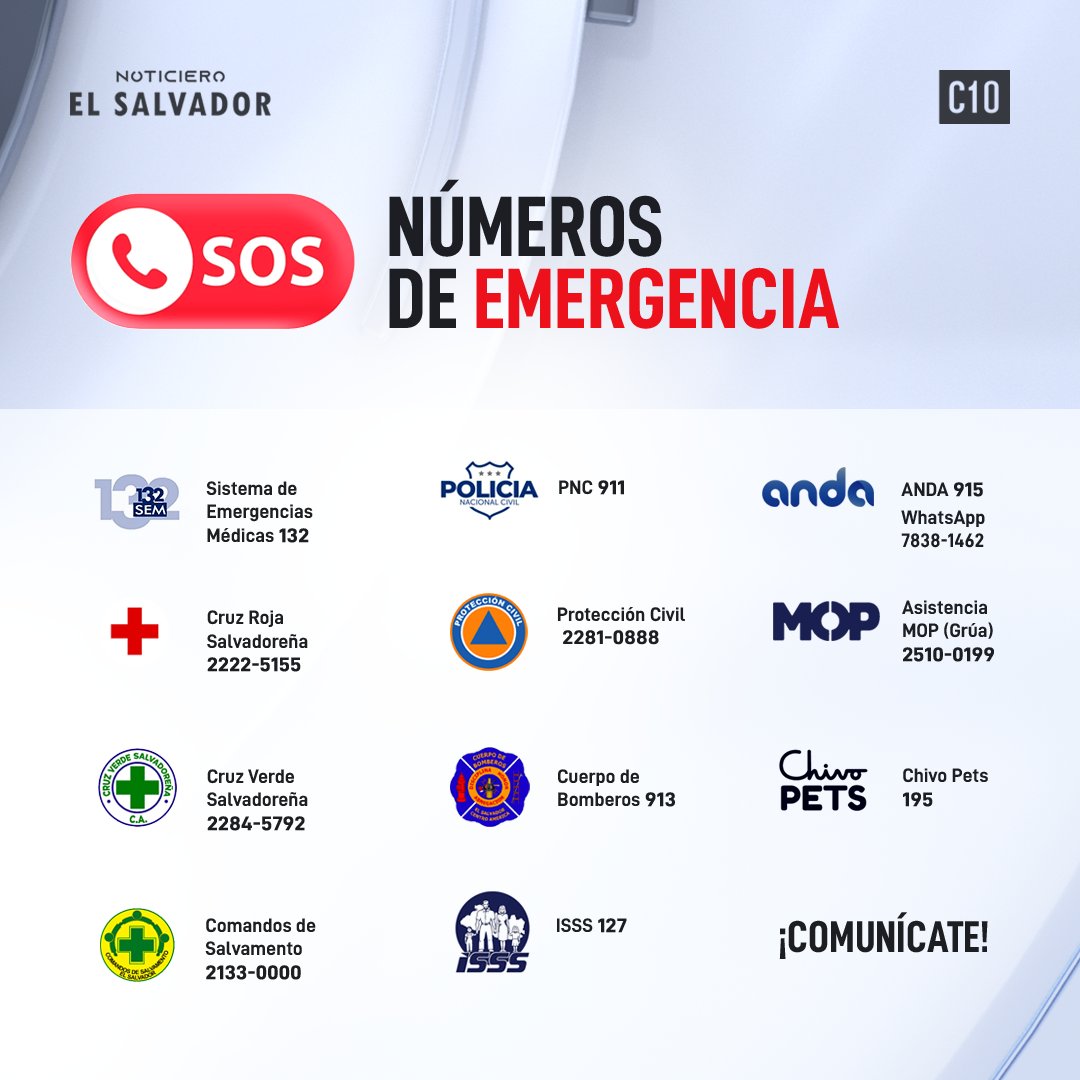 NoticieroSLV's tweet photo. Ante cualquier situación que ponga en riesgo tu vida o la de los tuyos, puedes comunicarte a los números de emergencia habilitados por las diferentes instituciones de primera respuesta. https://t.co/ccHkQU665w