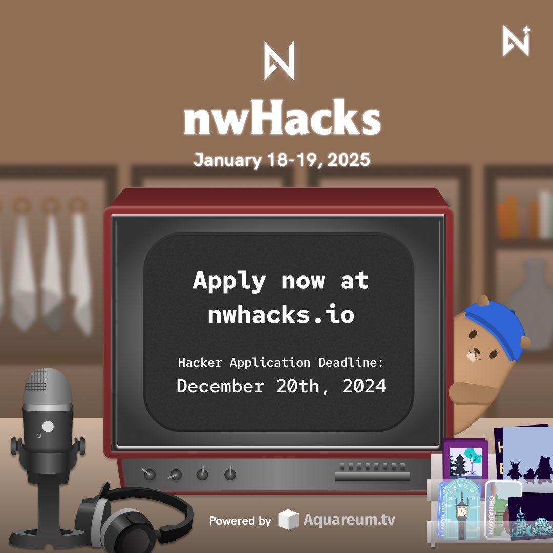 Applications for nwHacks 2025 are open until Dec. 13, 2024, at 11:59 PST! We’re celebrating Western Canada’s largest hackathon’s 10th anniversary by inviting you to a journey through time ⌛✨

Applications and more information can found here: nwhacks.io
