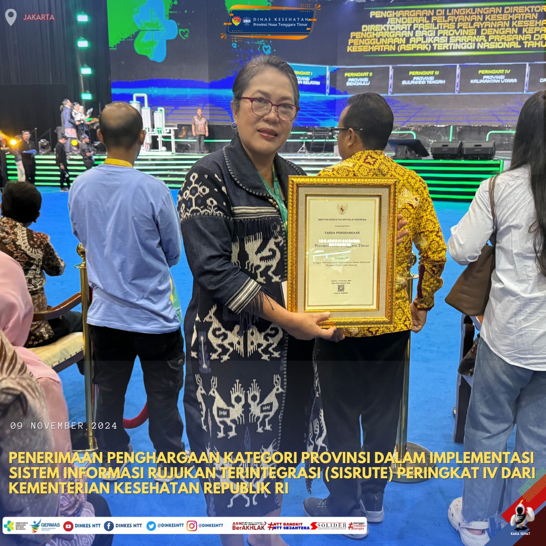 dinkesntt's tweet photo. Pada hari Sabtu, 09 November 2024. Kepala Dinas Kesehatan Provinsi NTT, drg. Iien Adriany, M.Kes menerima Penghargaan Kategori Provinsi Dalam Implementasi Sistem Informasi Rujukan Terintegrasi (Sisrute) Peringkat IV dari Kementerian Kesehatan Republik RI yang bertempat di Jakarta https://t.co/jbdgtBQjN8