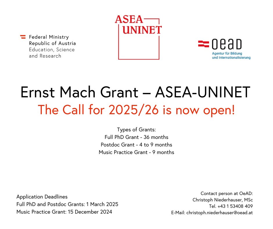 📢Ernst Mach Grant - ASEA-UNINET 2025/26 is now OPEN! 📢

The Ernst Mach Grant – ASEA-UNINET offers scholarships for full PhD studies, postdoctoral research stays, and music practice studies at an ASEA-UNINET member university in Austria 🇦🇹.

<a href="/OeAD_worldwide/">OeAD</a>