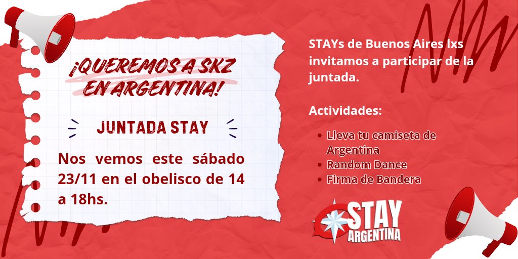 stayarg_skz's tweet photo. STAYs de Buenos Aires lxs esperamos este sábado 23/11 de 14 a 18hs en el Obelisco.

#SKZenArgentina
#ArgentinaDWT

@moveconcertsarg  @dfallaccess @LiveNation @LiveNationLatin @jypnation  @Stray_Kids https://t.co/cRiTM8sDNX