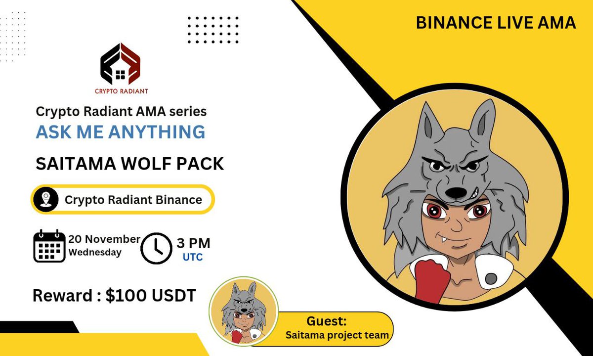 Team is excited to announce this AMA on Wednesday with
<a href="/CryptoRadiant7/">CRYPTO RADIANT | AMA + SPACE</a>
on Binance Live at 10 EST/ 3pm UTC  
LFG $SWP #SaitamaWolfPack