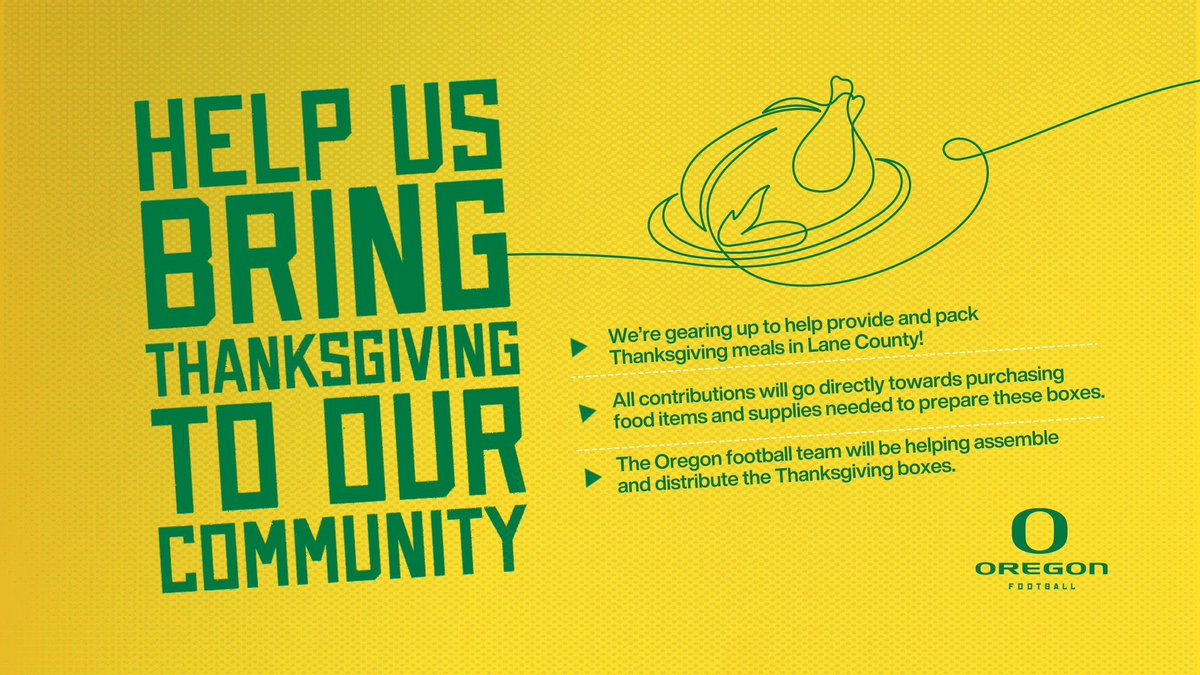 This Thanksgiving, the Ducks are teaming up with One Hope Network &amp; Best Roofing to provide meals for families in need.

Help us reach our goal of adding 1600 meal boxes for Lane County families! 🦃💚

Donate today: 

gofundme.com/f/Oregon-Ducks…

#GoDucks | #ThankfulTogether