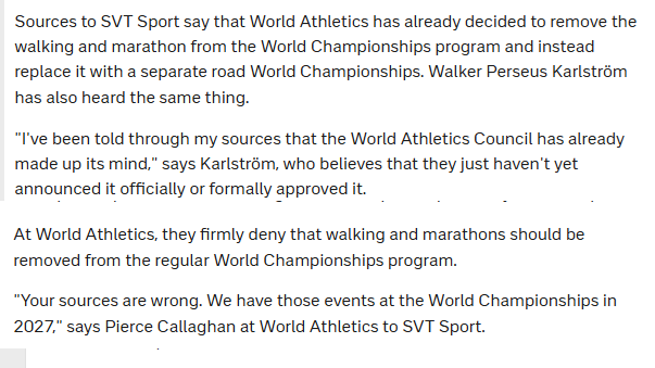 Fuentes de la tv sueca afirman que se van a retirar la marcha y maratón de los Campeonatos del Mundo. 
Karlstrom lo confirma. 
La WA lo niega.