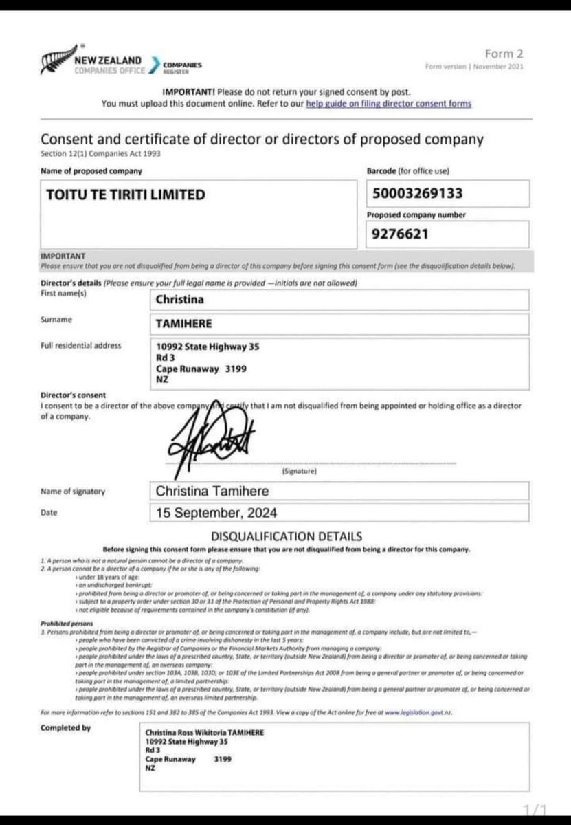 Hello, hello what do we have here? 

NZ Companies office 

TOITU TE TIRITI LIMITED

Company Director
Christina TAMIHERE
10992 State Highway 35, Rd 3, Cape Runaway, 3199 . 
New Zealand Director:

app.companiesoffice.govt.nz/companies/app/…

#hikoiofhate 
#hikoi
#toitutetiriti
#HikoiMoTeTiriti