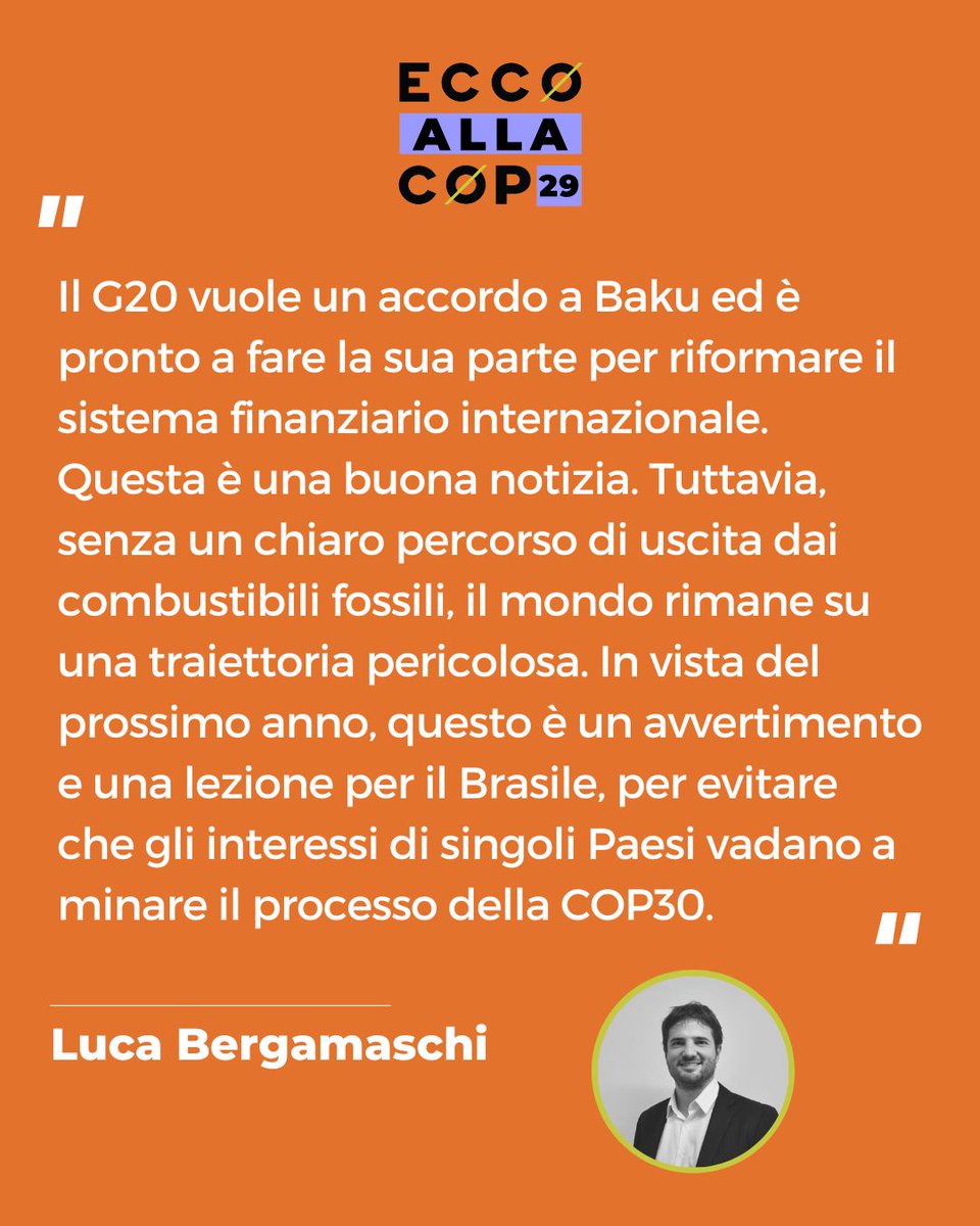 🌎 Al Leader Summit #G20 di Rio de Janeiro, i Paesi hanno espresso sostegno a un accordo finanziario forte alla #COP29. Un messaggio importante in vista dei prossimi giorni di negoziato

Le parole di <a href="/lucaberga/">Luca Bergamaschi</a> sull'importanza di questo messaggio per la COP29 e sulla necessità di