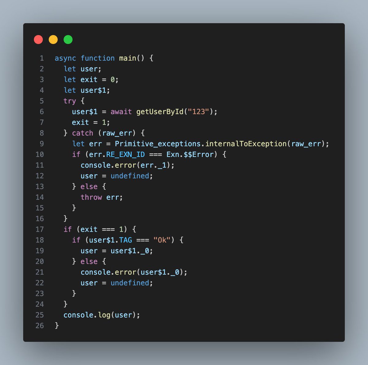 ReScript ships with native async/await support that also compiles to async/await in JavaScript.

You can pattern match directly on the await, and handle errors in the pattern match as well. 

No need to wrap things manually in try/catch, the compiler still emits the right thing.