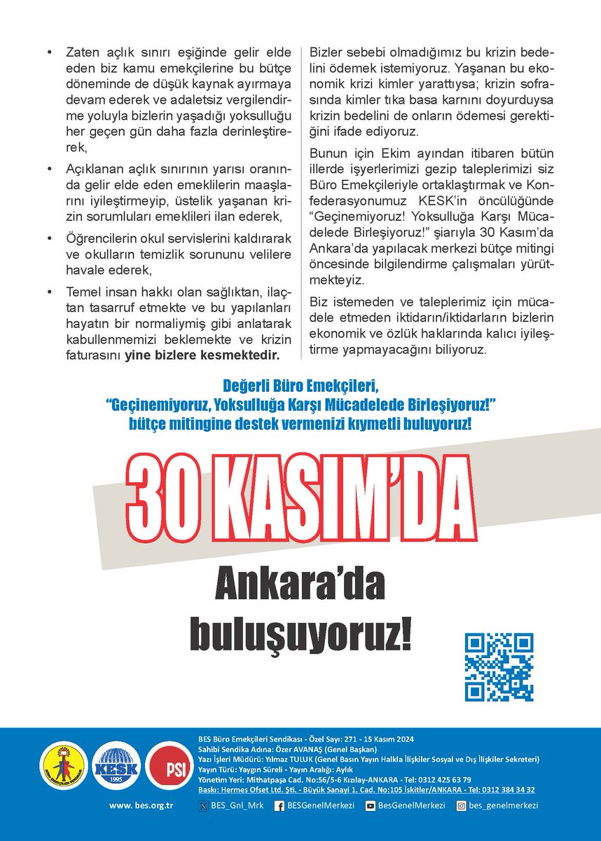 BES_Gnl_Mrk's tweet photo. İnsanca bir yaşam için 👇
📢 30 Kasım’da Ankara’da buluşuyoruz… 

Çare sensin! Emekten yana, demokratik bir bütçe için taraf ol! 

#BESeÜyeOl #KatılDeğiştirelim #YetkiBESeHaklarımızİleriye