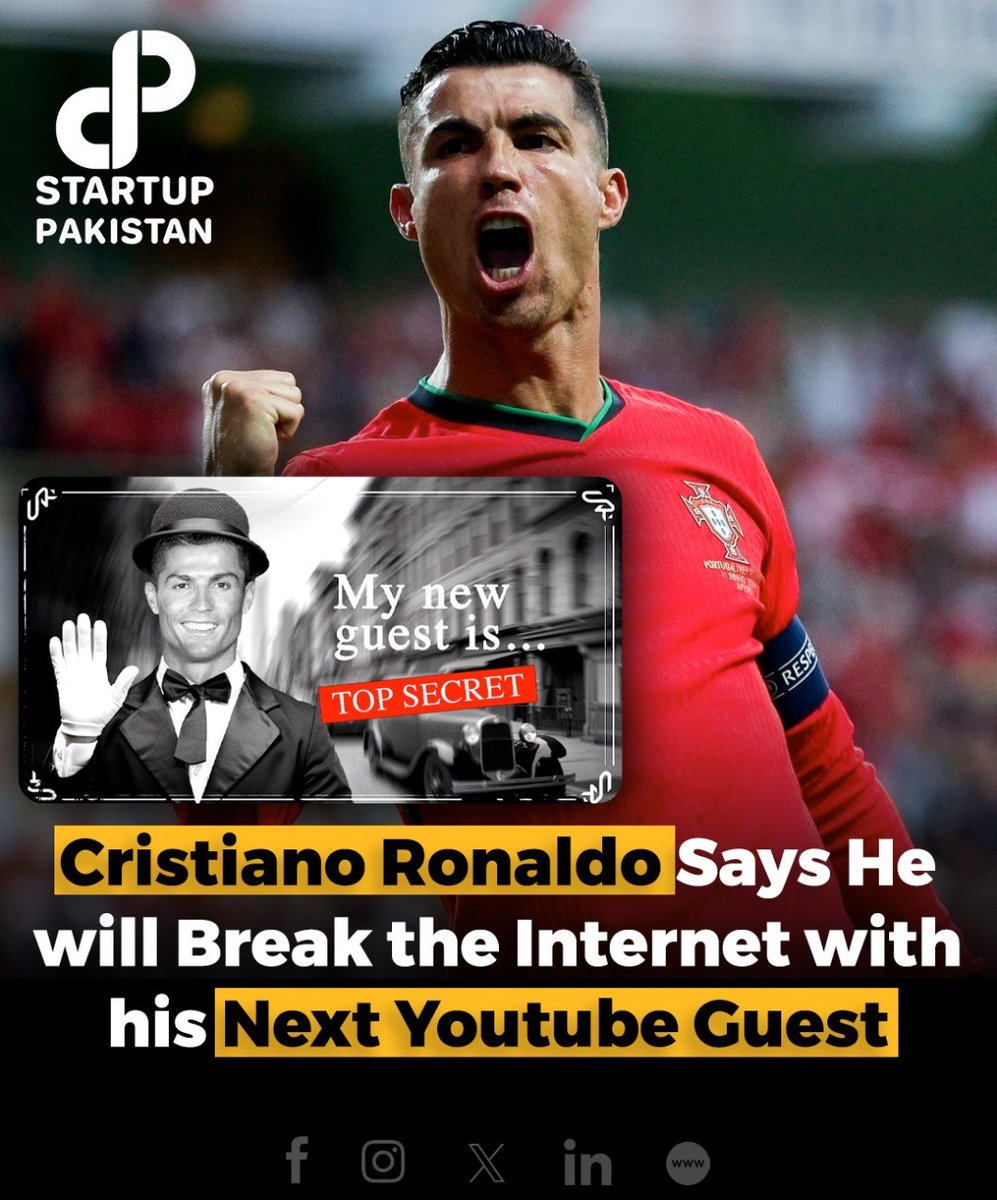 PakStartup's tweet photo. Cristiano Ronaldo is gearing up to feature a high-profile guest on his YouTube channel, claiming this collaboration will “break the Internet!”

#CristianoRonaldo #YouTube #BreakingTheInternet #RioFerdinand #FootballLegends #URCristiano #ExcitingCollaboration #SecretGuest https://t.co/XlB2cZp3rt