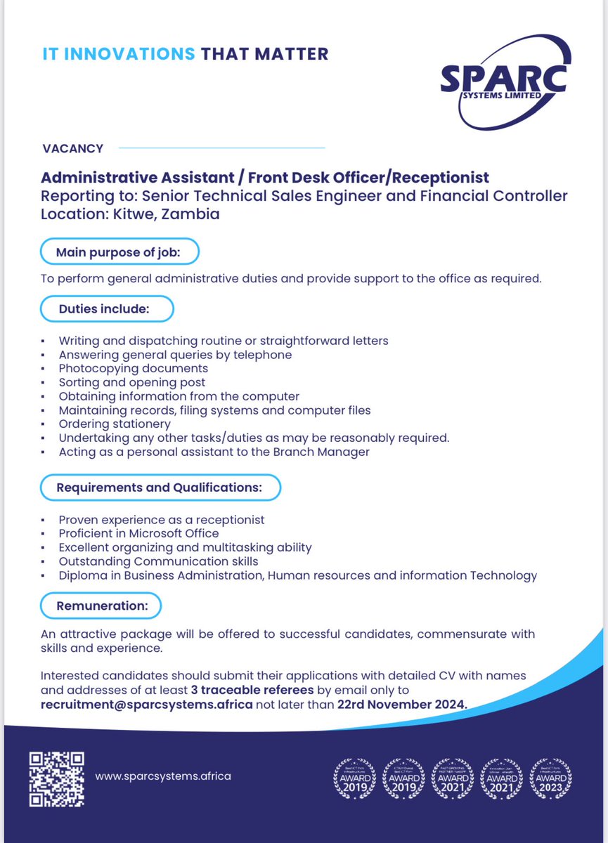 sparcsys's tweet image. Are you ready to join our team of champions? 

Be Part of Africa&apos;s Tech Growth! 

Our Zambia 🇿🇲 team is expanding and we&apos;re looking for exceptional professionals. 

Check out the opportunity below ⬇️

#vacancy
#ITCompanyAfrica
#Sparctheundisputed