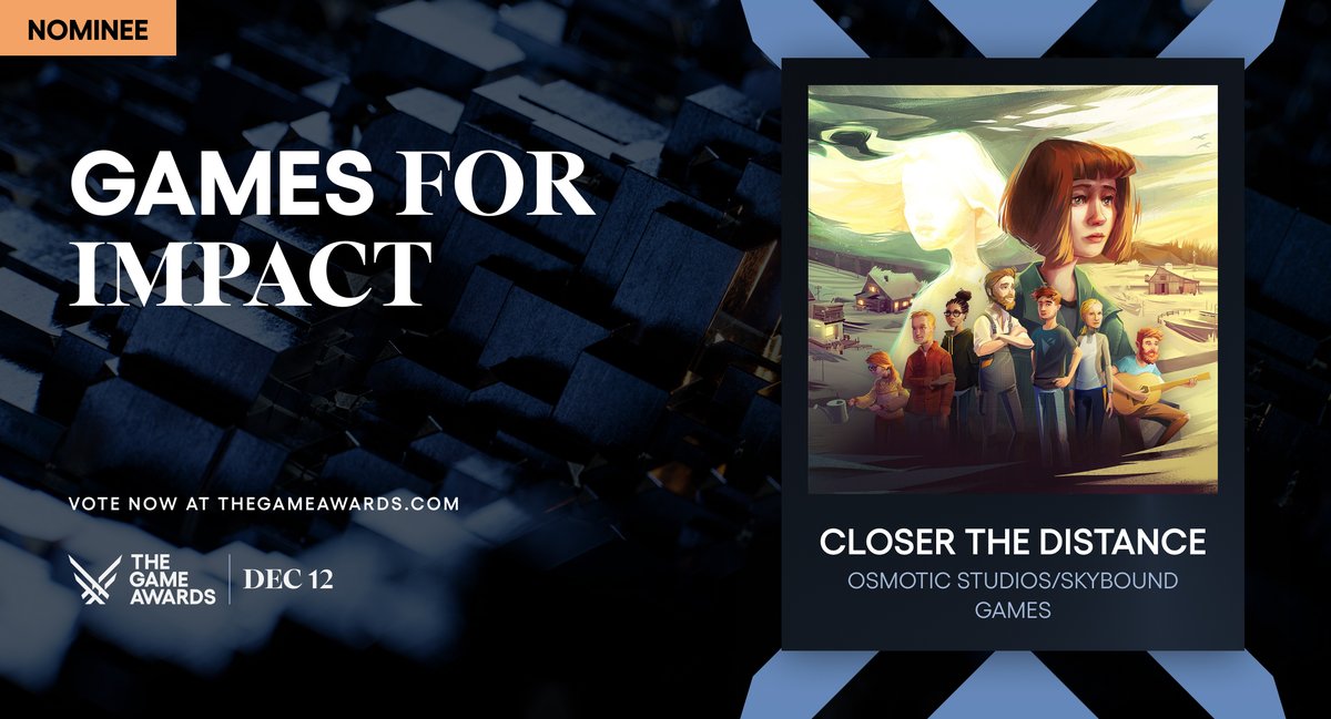 Osmotic Studios | Closer the Distance is OUT NOW (@osmoticstudios) on Twitter photo Our game Closer the Distance is nominated at <a href="/thegameawards/">The Game Awards</a> for "Games for Impact" and it's blowing our minds! We're incredibly honored!
Please vote for Closer the Distance at The Game Awards' official website. Thank you! ❤️
thegameawards.com/nominees/games… Our game Closer the Distance is nominated at <a href="/thegameawards/">The Game Awards</a> for "Games for Impact" and it's blowing our minds! We're incredibly honored!
Please vote for Closer the Distance at The Game Awards' official website. Thank you! ❤️
thegameawards.com/nominees/games…