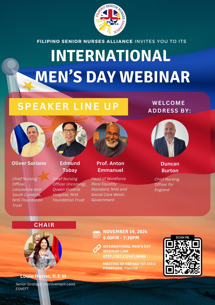 Louie Horne B.E.M. ๐ (@louie_horne) on Twitter photo Today, we celebrate International Menโs Day by honouring the resilience, leadership & contributions of our male colleagues esp ๐ต๐ญmale nurses in the UK.
Join us <a href="/FSNA_UK/">Filipino Senior Nurses Alliance UK</a> inaugural webinar as we discuss pathways, overcoming barriers & resilienc. #InternationalMensDay #FSNAUK Today, we celebrate International Menโs Day by honouring the resilience, leadership & contributions of our male colleagues esp ๐ต๐ญmale nurses in the UK.
Join us <a href="/FSNA_UK/">Filipino Senior Nurses Alliance UK</a> inaugural webinar as we discuss pathways, overcoming barriers & resilienc. #InternationalMensDay #FSNAUK
