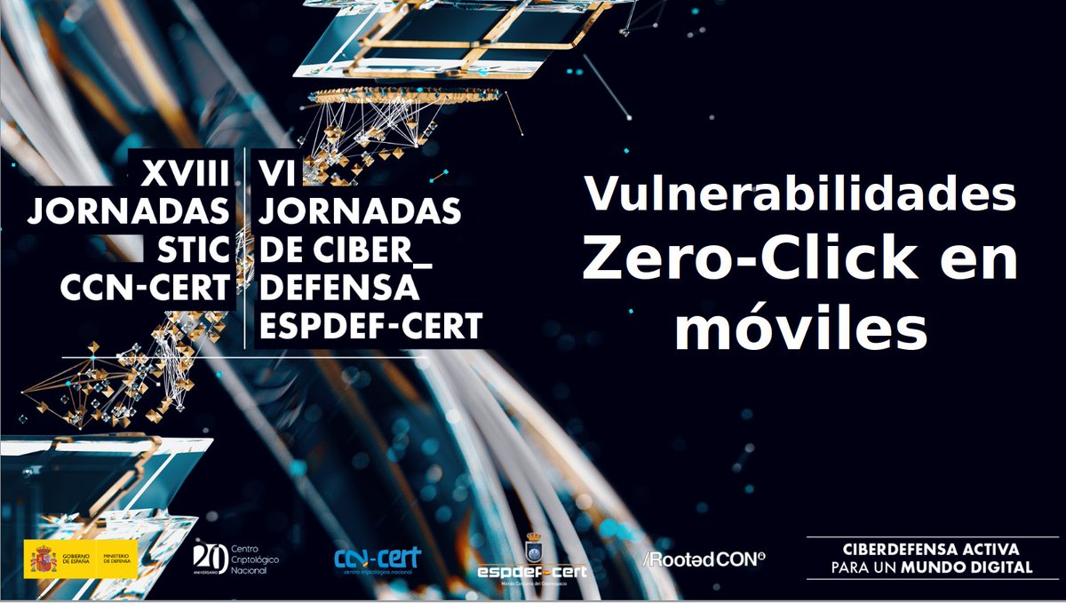 Nuestros compañeros Fernando y Cristian, están ya listos para compartir en las próximas jornadas #XVIIIJORNADASCCNCERT #VIJornadasdeCiberdefensa la ponencia "Vulnerabilidades Zero-Click en móviles".  #cibersecurity #STICCCN #VIJornadasdeCiberdefensa #ciberseguridadespaña