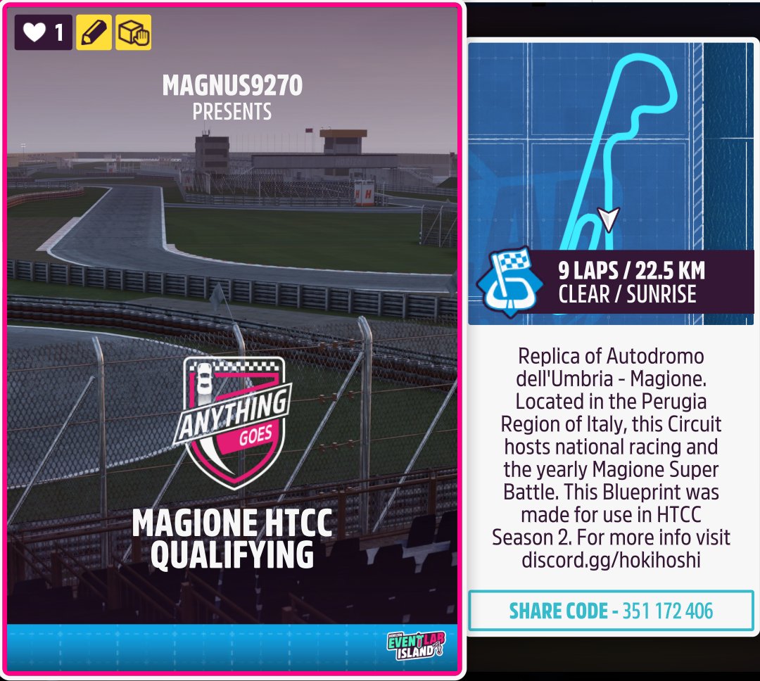 Magione Qualifying is open right now and ends at 18:00 UTC on Thursday the 21st 👀

This is Round 5 out of 6 so it's one of the last chance to race if you're still looking for your HTCC fix.

Head over to the Discord to Submit your times and secure your spot!

#forza