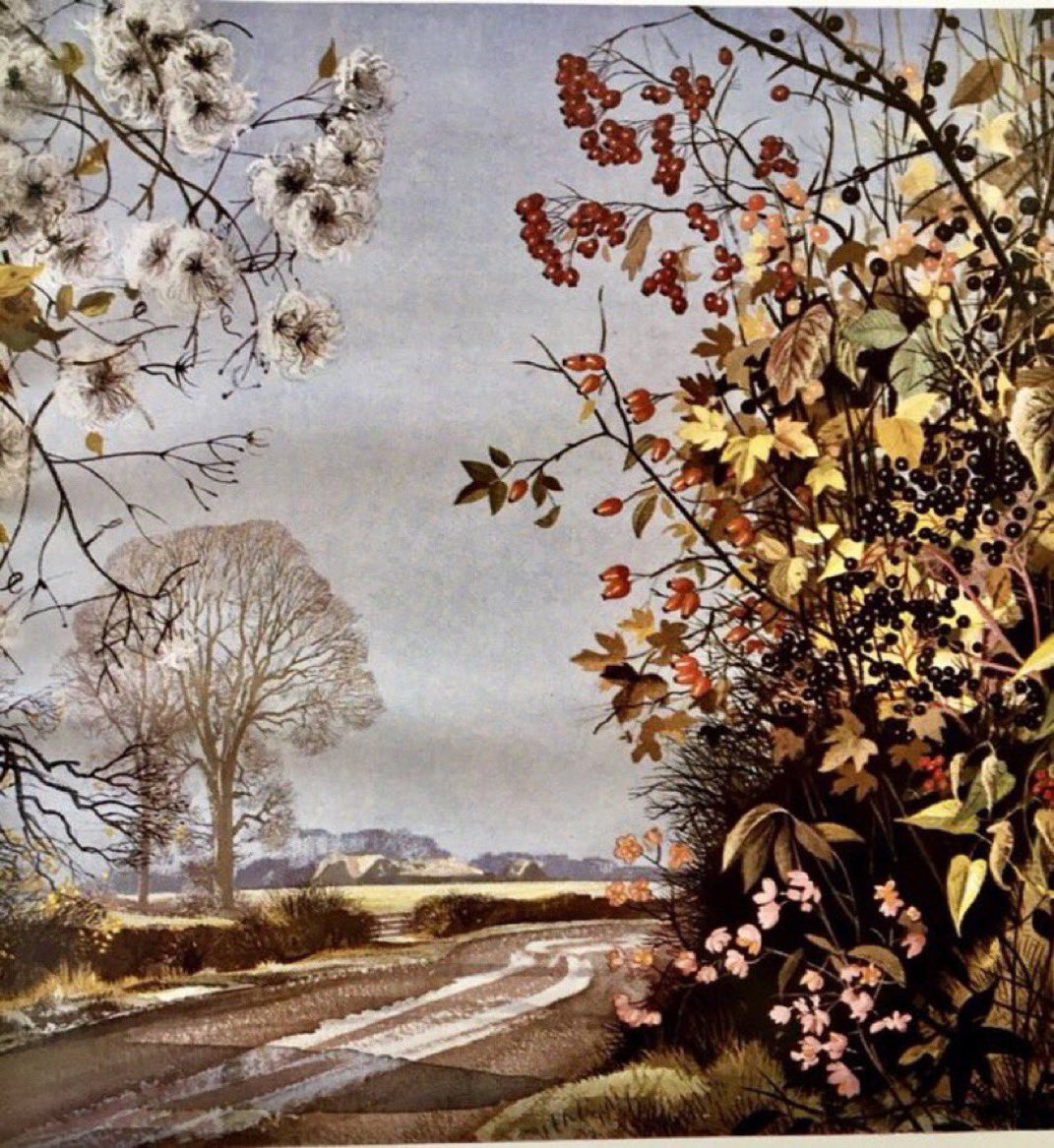 LBFlyawayhome's tweet photo. Shell Guide, 1955:
“Between the mild days, November frosts strip the coloured leaves of the shrubs and climbers of the hedgerow so that all the fruits of early winter show more vigourously against a paler sky”
Artists: Edith &amp; Rowland Hilder 
Writer: Geoffrey Grigson https://t.co/xRhH1U5qn0