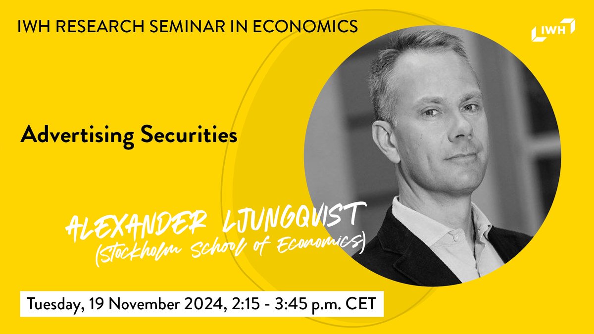 IWH (@iwh_halle) on Twitter photo Reminder: today, 2:15 pm CET: IWH Research Seminar in #Economics with Alexander Ljungqvist (<a href="/handels_sse/">Stockholm School of Economics</a> <a href="/SHouseofFinance/">Swedish House of Finance</a>)
➡️ To join the lecture via Zoom, please register here: iwh-halle.de/en/about-the-i…
#Securities #USA #Singapore #IPO #IPOListing Reminder: today, 2:15 pm CET: IWH Research Seminar in #Economics with Alexander Ljungqvist (<a href="/handels_sse/">Stockholm School of Economics</a> <a href="/SHouseofFinance/">Swedish House of Finance</a>)
➡️ To join the lecture via Zoom, please register here: iwh-halle.de/en/about-the-i…
#Securities #USA #Singapore #IPO #IPOListing