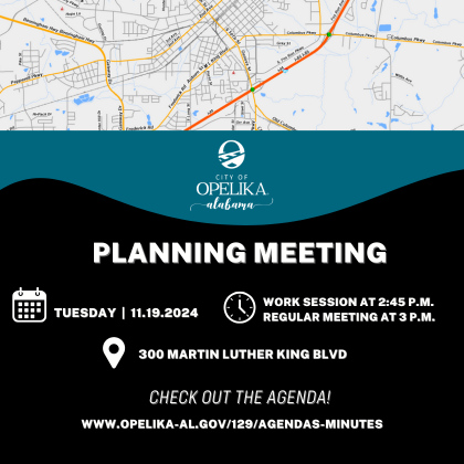 The Opelika Planning Commission work session and regular meeting will be held today beginning at 2:45 p.m. at Opelika Municipal Court located at 300 Martin Luther King Blvd. Agenda items can be found here: opelika-al.gov/129/Agendas-Mi…