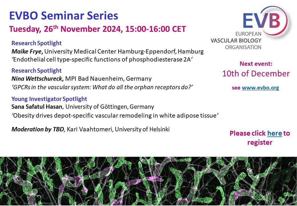 EVBO (@evb_org) on Twitter photo 1 week to go! #EVBOSeminarSeries Moderated by <a href="/VaahtomeriLab/">Vaahtomeri lab</a>. Speakers: Make Frye, Nina Wettschureck and Javier Fuster and Sana Safatul Hasan. ⏰When: Tuesday 26th November 2024, 3PM EU time (2PM UK). Place: online. See you there! For registration evbo.org 1 week to go! #EVBOSeminarSeries Moderated by <a href="/VaahtomeriLab/">Vaahtomeri lab</a>. Speakers: Make Frye, Nina Wettschureck and Javier Fuster and Sana Safatul Hasan. ⏰When: Tuesday 26th November 2024, 3PM EU time (2PM UK). Place: online. See you there! For registration evbo.org