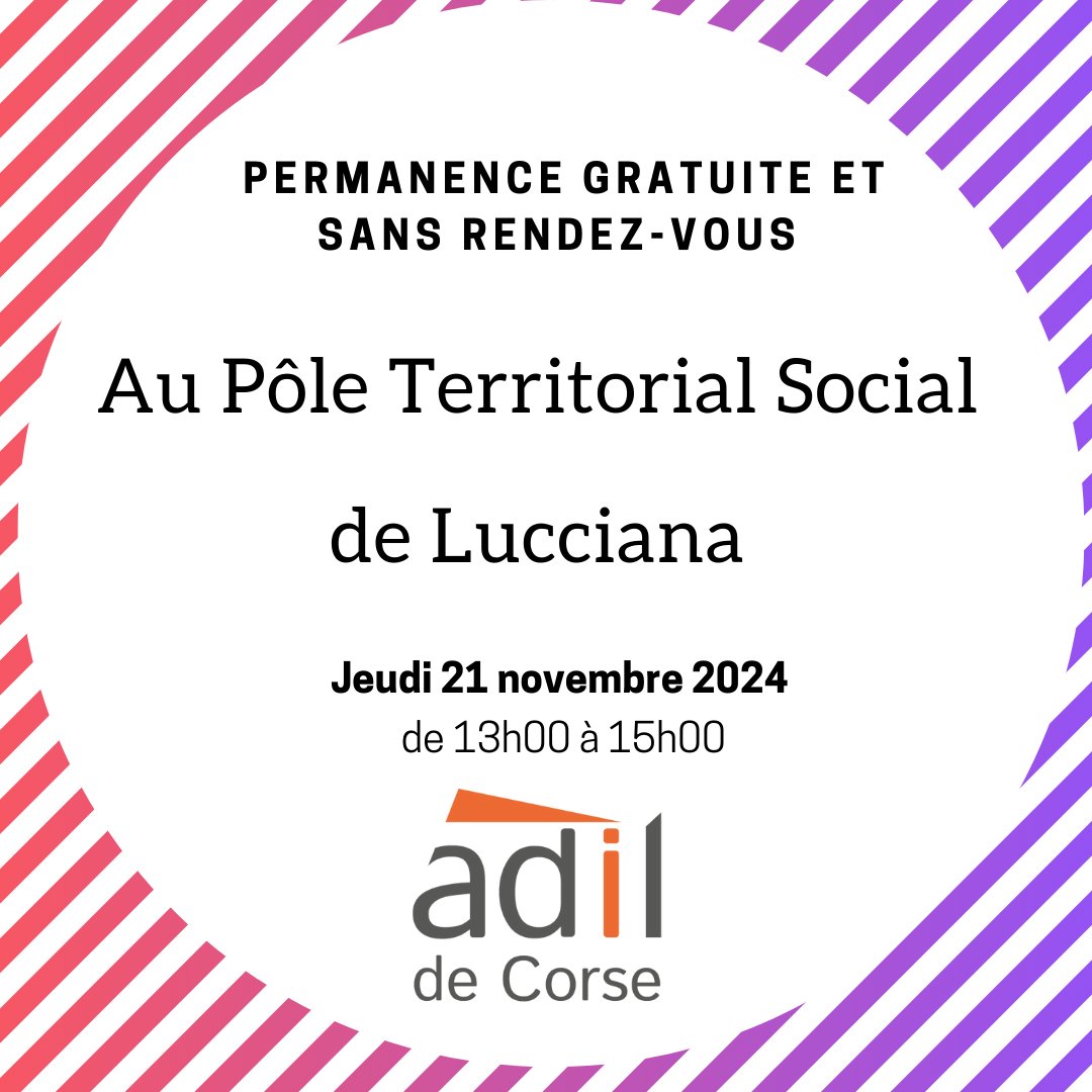 Prochaine permanence de l'ADIL de Corse aura lieu le jeudi 21 novembre de 13h00 à 15h00 au P.T.S de <a href="/ComLucciana/">Ville de Lucciana</a> 
👉 L'ADIL de Corse est là pour vous informer gratuitement sur toutes les questions relative au logement.
☎️04 95 20 85 25 sur Ajaccio
☎️04 95 58 15 32 sur Bastia