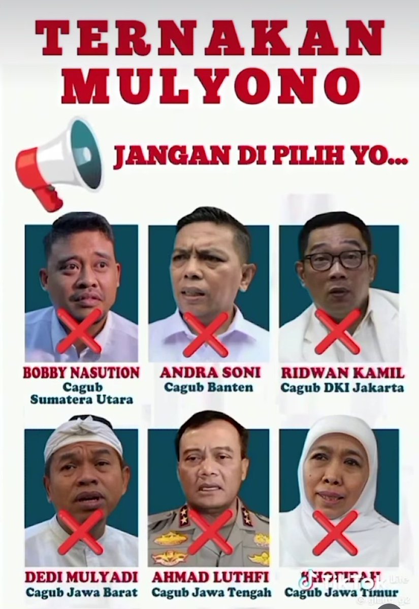 Calon Gubernur yg di-endorse Jokowi
Abaikan saja ⛔️
Medan <a href="/bobbynasution_/">Bobby Nasution</a> 
Banten Andra Soni
DKI <a href="/ridwankamil/">Ridwan Kamil</a> 
Jabar <a href="/DediMulyadi71/">Kang Dedi Mulyadi</a> 
Jateng Ahmad Luthfi
Jatim Kofifah